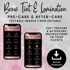 Instructies voor wenkbrauwlaminering en precare- en nazorginstructies, tekstbare aftercarekaarten, afbeeldingen voor precare wenkbrauwlaminering, SKU BTLDT4
