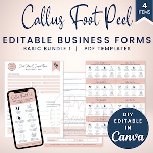 Puede incluir: Un conjunto de cuatro plantillas PDF imprimibles para un negocio de peeling de pies con callosidades. Las plantillas incluyen un formulario de admisión y consentimiento del cliente, instrucciones de cuidado previo y posterior, y un conjunto de iconos para un menú de servicios. Las plantillas son editables en Canva y presentan un esquema de color rosa y blanco con un diseño minimalista.