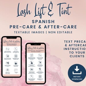 SPAANSE digitale kaarten voor wimperlift en tinting, pre- en nazorg, tekstbare instructies voor wimperlifting en tinting, SKU SLLTDT1
