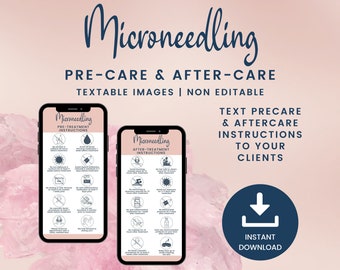 Cartões textuais de pré-cuidados e cuidados posteriores com microagulhamento, instruções digitais de cuidados posteriores, imagens PNG para esteticistas, agulhas para caneta de pele SKU MNDT2