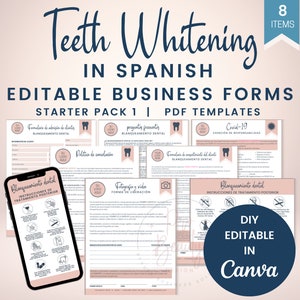 Formulários comerciais de clareamento dental em ESPANHOL, entrada e consentimento editáveis do cliente para clareamento dental, cartão telefônico de cuidados posteriores odontológicos e perguntas frequentes, SKU STWSP1
