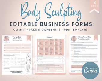 Pode incluir: Um modelo de formulário PDF imprimível em rosa e branco para um negócio de escultura corporal. O modelo inclui um formulário de admissão de clientes, um formulário de histórico médico e um formulário de consentimento do cliente. Os formulários são editáveis e podem ser personalizados com o seu próprio logotipo. O modelo é feito no Canva.
