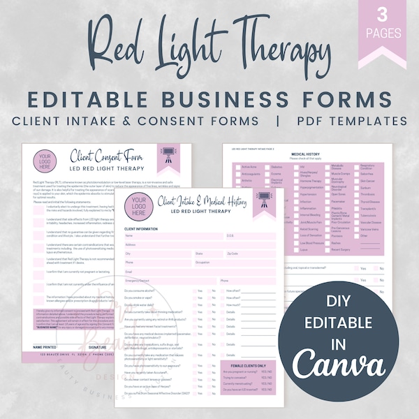 LED Red Light Therapy Client Intake and Consent Forms, Editable RLT Forms for Estheticians, Printable Medi Spa Form, SKU RLTCIC1