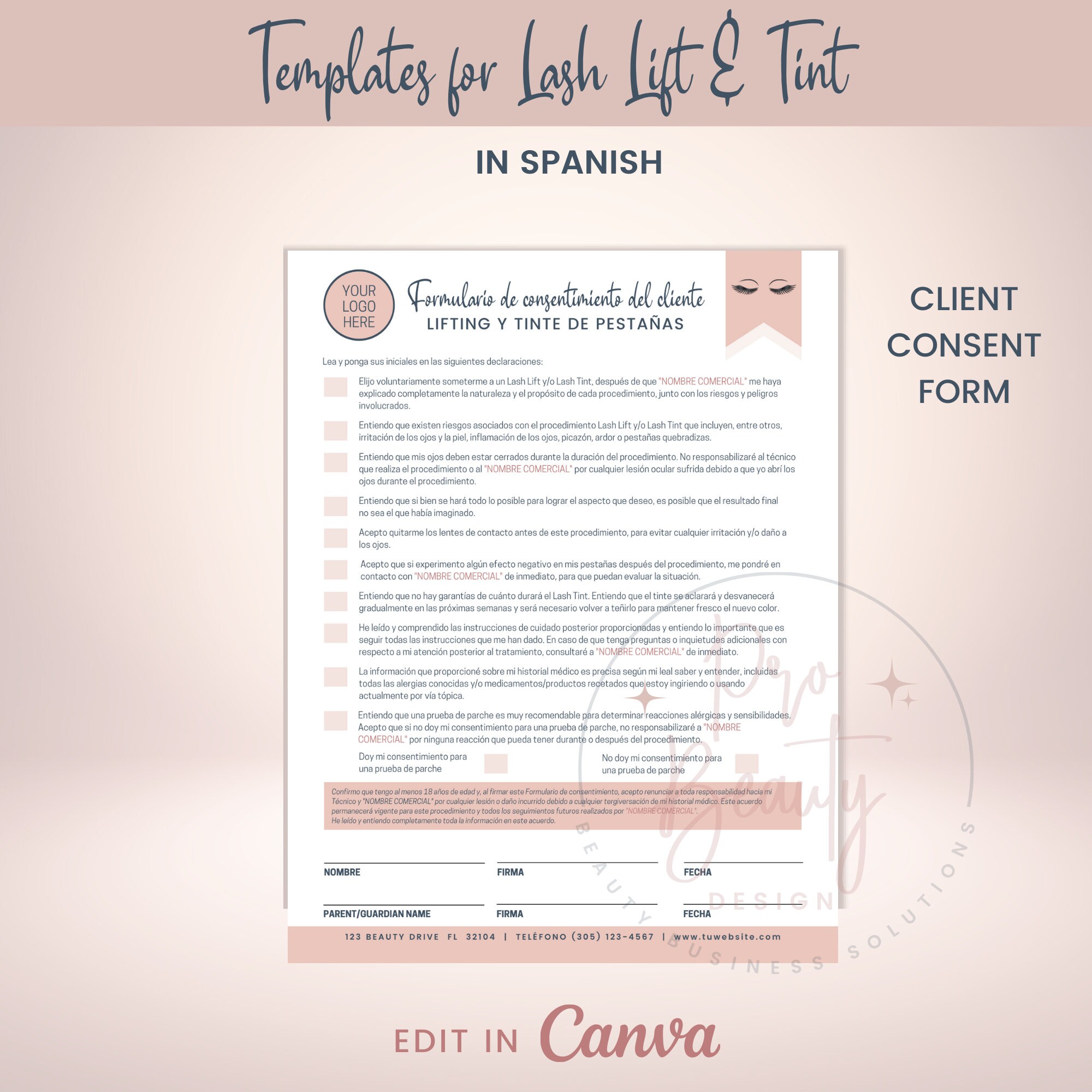SPANISH Lash Lift and Tint Forms, Editable Eyelash Tinting Consultation and Consent Forms, Lash