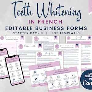 Puede incluir: Un conjunto de 10 plantillas PDF imprimibles para un negocio de blanqueamiento dental en francés. Las plantillas son editables en Canva e incluyen formularios para la admisión de clientes, consentimiento, instrucciones previas al tratamiento, instrucciones posteriores al tratamiento, preguntas frecuentes, liberación de fotos y videos, y una exención de responsabilidad COVID-19.