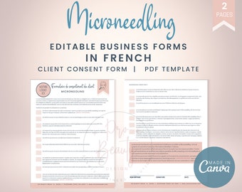 May include: Editable client consent form template for microneedling services in French. The form includes a logo placeholder, a title, and a list of questions for the client to review and sign.
