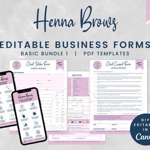 Op de afbeelding: Een set van vijf afdrukbare PDF-sjablonen voor henna-wenkbrauwservices. De sjablonen omvatten een klantenintakeformulier, een klanteninstemmingsformulier en voor- en nabehandelingsinstructies. De sjablonen zijn ontworpen om te worden bewerkt in Canva en hebben een roze en blauwe kleurschema.
