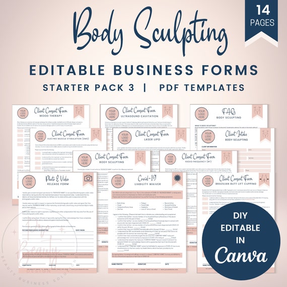 Editable Body Sculpting Consent Forms, Body Contouring Client Intake, Covid Liability Waiver, Photo and Video Release, SKU BSSP3