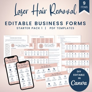 Editable Laser Hair Removal Intake, Consent Form with Fitzpatrick Scale, Pre-care Aftercare Forms, DIY Editable Canva Template, SKU LHRSP1
