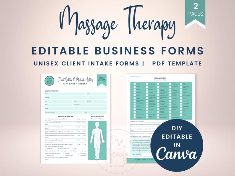 Pode incluir: Modelo de formul&aacute;rio de admiss&atilde;o para terapia de massagem, imprim&iacute;vel em duas p&aacute;ginas. O formul&aacute;rio inclui informa&ccedil;&otilde;es do cliente, hist&oacute;rico m&eacute;dico e &aacute;reas de preocupa&ccedil;&atilde;o. O formul&aacute;rio &eacute; edit&aacute;vel no Canva e foi projetado para uso unissex.