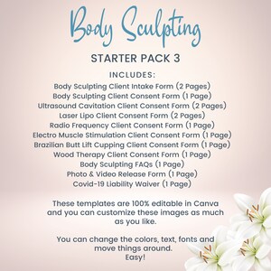 May include: A digital template pack for body sculpting, featuring a light background with the words "Body Sculpting" in a teal script. Includes client intake forms, consent forms, FAQs, and a photo release. The text states the templates are editable in Canva.