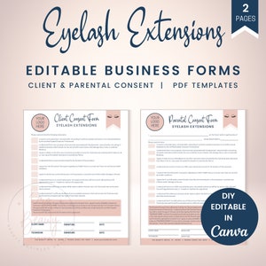 Peut inclure: Deux formulaires imprimables roses et blancs pour les extensions de cils. Le premier formulaire est un formulaire de consentement du client et le second formulaire est un formulaire de consentement parental. Les deux formulaires ont une bannière rose avec un graphique stylisé de cils. Le texte sur les formulaires est en noir. Les formulaires sont modifiables dans Canva.