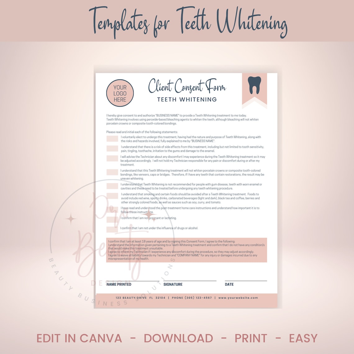 Teeth Whitening Client Intake Form Editable Informed Consent Etsy Australia