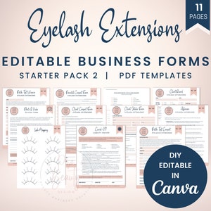 May include: A set of 11 printable PDF templates for eyelash extension businesses. The templates are editable in Canva and include forms for client intake, consent, lash mapping, aftercare, and more. The forms are designed with a pink and blue color scheme and feature a stylized eyelash graphic.