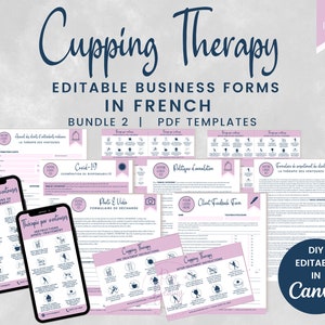 May include: A set of 12 printable, editable PDF templates for cupping therapy businesses. The templates are in French and include forms for client intake, pre-treatment instructions, post-treatment instructions, client feedback, and more. The templates are designed to be used with Canva.