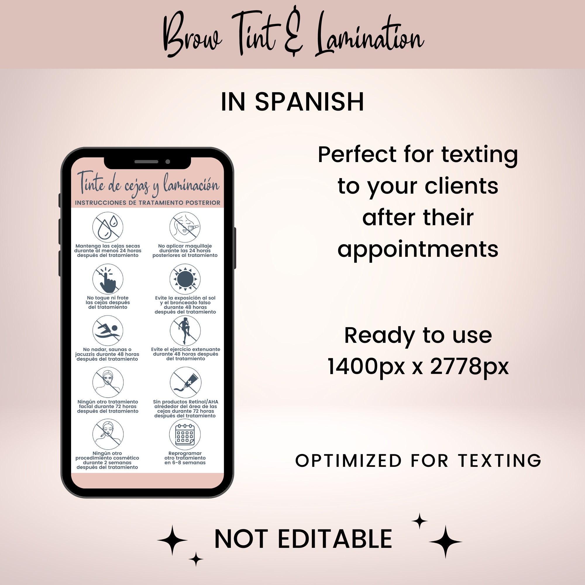 SPANISH Brow Tint and Lamination Precare and Aftercare Cards, Textable