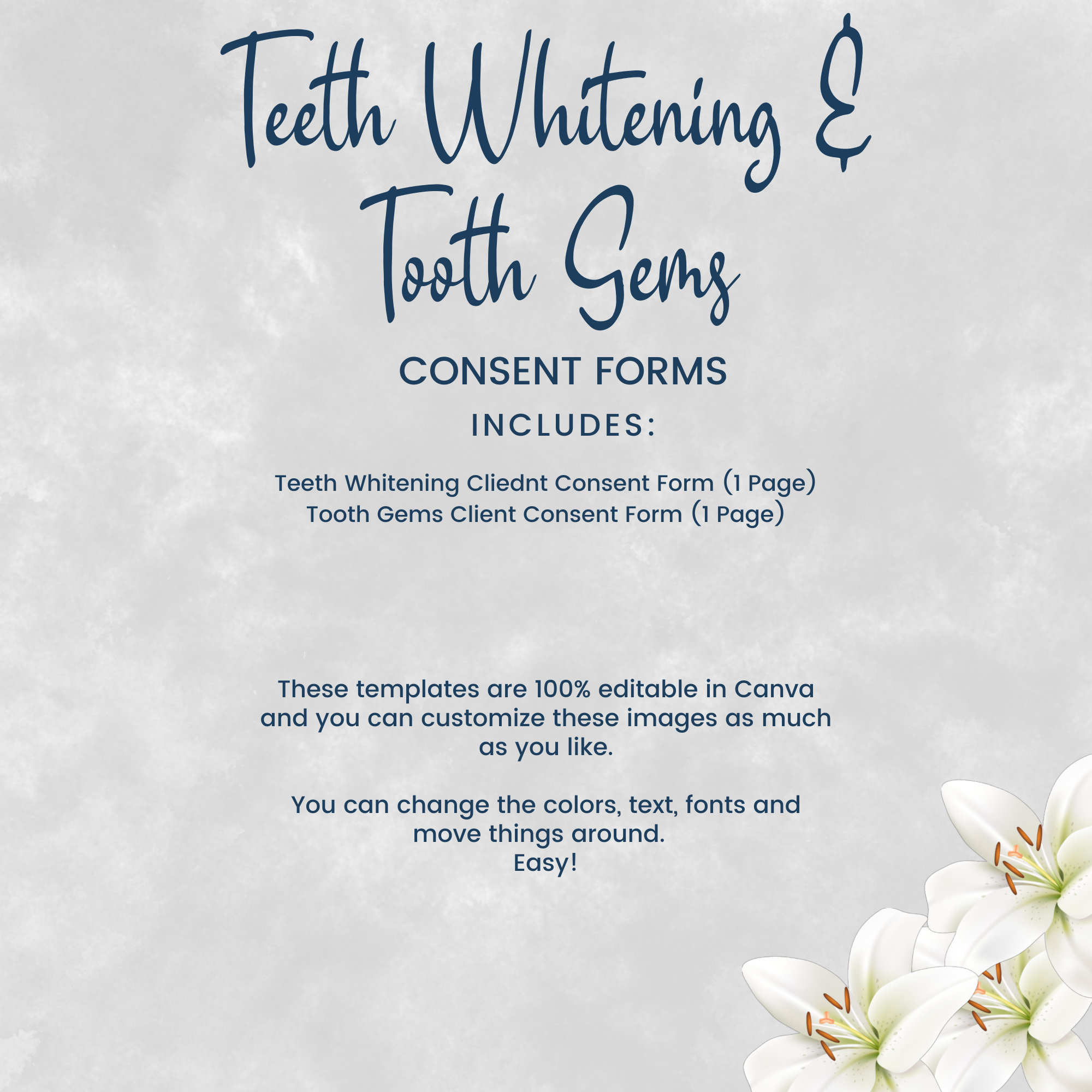Teeth Whitening and Tooth Gems Client Consent Forms, Editable Informed