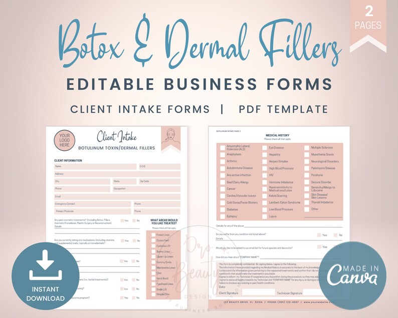 Editable Botulinum Toxin and Dermal Filler Client Intake Forms, Botox ...