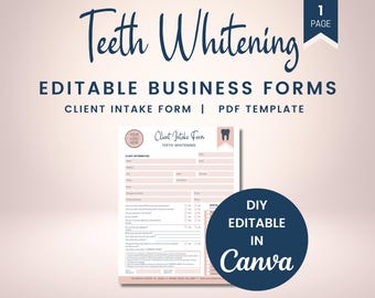 May include: A printable teeth whitening client intake form template. The form is designed to be edited in Canva and includes sections for client information, medical history, and dental details. The form is pink and white with a blue tooth icon.