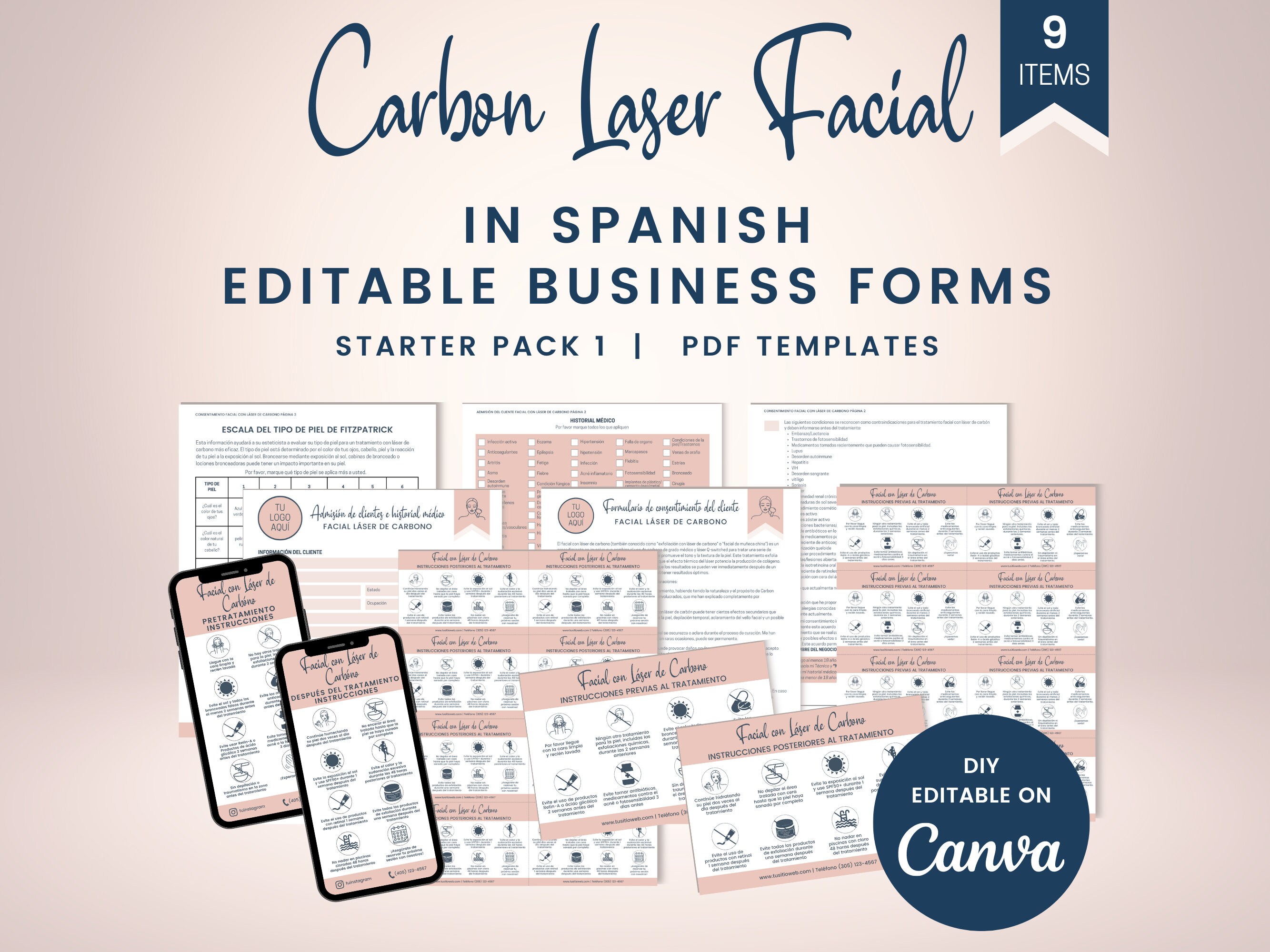 SPANISH Carbon Laser Facial Business Forms, Editable China Doll Facial Forms, Hollywood Facial Forms, Carbon Laser Peel Consent, SKU SCLFSP1
