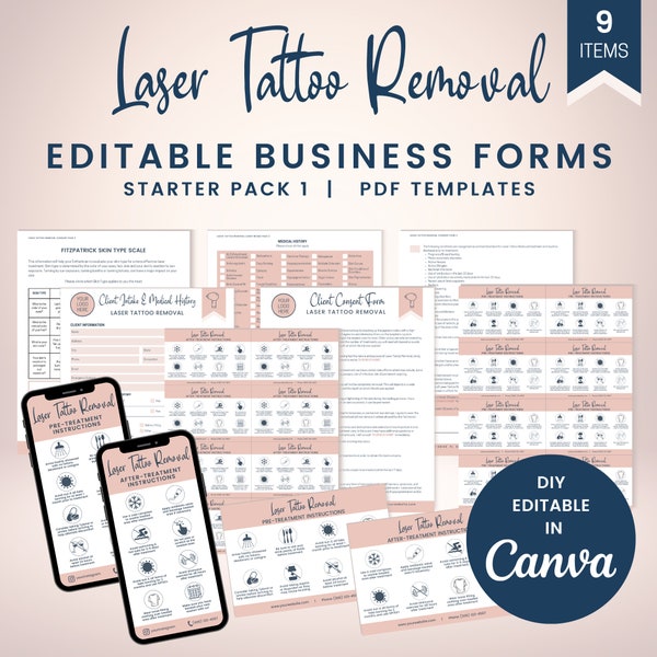 Laser Tattoo Removal Intake, Editable Consent Form with Fitzpatrick Scale, Pre-care Aftercare Forms, DIY Editable Canva Template, SKU LTRSP1