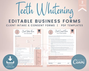 May include: Two printable PDF forms for teeth whitening services. The first form is a client intake form with sections for client information, dental history, and consent. The second form is a client consent form with checkboxes for the client to acknowledge risks and procedures.