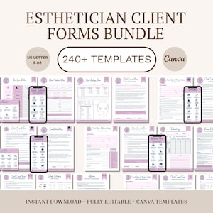 Könnte beinhalten: Ein Paket mit über 240 Vorlagen für Kosmetiker-Kundenformulare. Die Formulare sind in den Größen US Letter und A4 erhältlich und in Rosa und Weiß gehalten. Das Bild zeigt Mockups von Formularen auf Smartphones. Der Text lautet "Esthetician Client Forms Bundle".