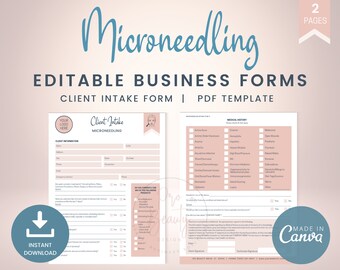 May include: Editable client intake form template for microneedling businesses. The form includes sections for client information, medical history, and consent. The form is designed in a pink and white colour scheme with a stylized image of a woman's face.