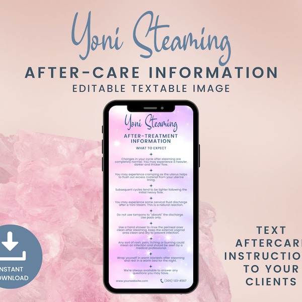 Textable Yoni Steaming Aftercare Card, Editable V Steam Card for Estheticians, Digital Yoni Steam Info card, SKU YSDT1E