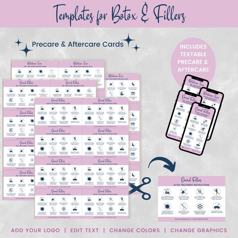 May include: Templates for Botox and Filler pre- and post-treatment instructions. The image shows a set of printable cards with icons and text. The cards are pink with blue text and icons. The text includes "Dermal Fillers" and "After Treatment Instructions".
