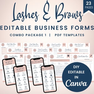 May include: A set of 23 printable PDF forms for lash and brow businesses. The forms are editable in Canva and include a client intake form, consent form, price list, and more. The forms are designed in a pink and blue color scheme with a modern aesthetic.