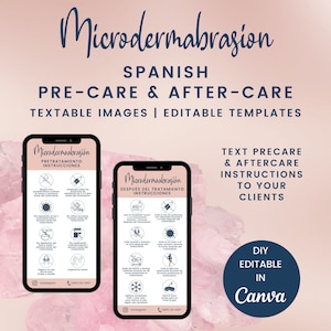 ESPAGNOL Cartes textables de pré-soin et de suivi de la microdermabrasion, instructions numériques de suivi, images modifiables pour les esthéticiennes, SKU SMDDTE