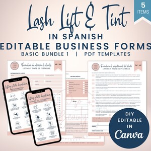 Formularios de tinte y levantamiento de pestañas en ESPAÑOL, formularios de consentimiento y consulta de tinte de pestañas editables, instrucciones de cuidado posterior del levantamiento de pestañas, SKU SLLTBB1