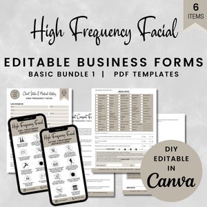 Op de afbeelding: Een set van zes printbare PDF-sjablonen voor een high frequency facial-bedrijf. De sjablonen zijn bewerkbaar in Canva en bevatten een intake- en medische geschiedenisformulier voor klanten, instructies voor en na de behandeling, en een medische geschiedenisformulier. De tekst "High Frequency Facial" is in een decoratief lettertype bovenaan de afbeelding geschreven.