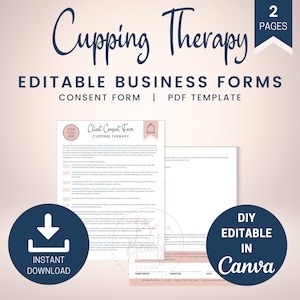 May include: Editable PDF template for a client consent form for cupping therapy. The form includes a space for the client's name, signature, and date. The form is designed to be used by therapists who offer cupping therapy.