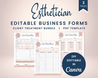 May include: Three printable PDF forms for estheticians, including a client treatment plan, client treatment record, and client treatment notes. The forms are editable in Canva and feature a pink and blue color scheme with a stylized face icon.