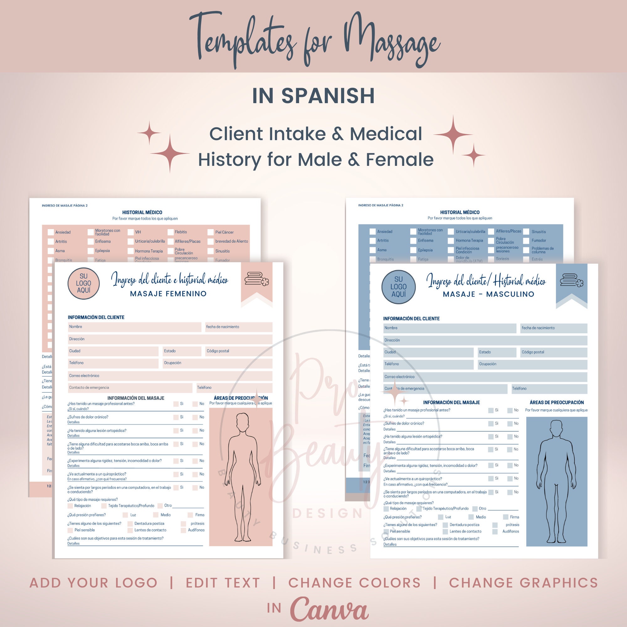 SPANISH Massage Therapy Business Forms for Estheticians, Editable ...