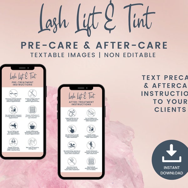 Digital Lash Lift and Tint Precare and Aftercare Cards, Texting Lash Lift Precare and Aftercare Instructions, Lash Lift Tint JPG, SKU LLTDT1