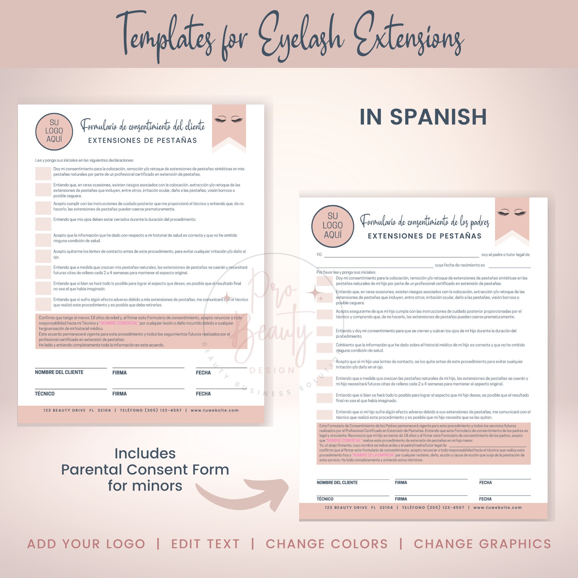 SPANISH Eyelash Extension Business Forms, Editable Lash Artist Consent