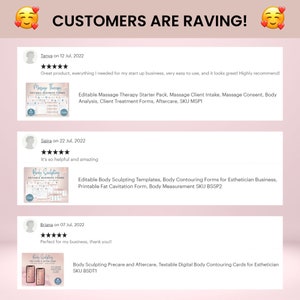 May include: Screenshots of customer reviews for digital printable business forms for massage therapy and body sculpting. The reviews are positive and include the product names and SKUs.