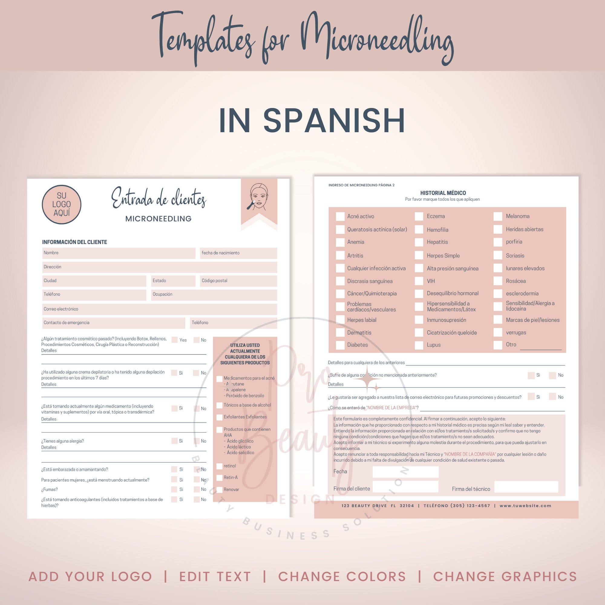 SPANISH Microneedling Client Intake Forms, Editable Templates for ...