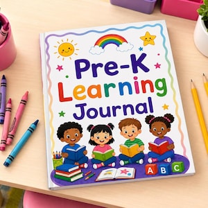 Könnte beinhalten: Ein Pre-K Learning Journal Buch mit weißem Einband, buntem Text, einem Regenbogen, einer Sonne, einem Stern und vier Kindern, die Bücher lesen. Der Einband zeigt Illustrationen von Bücherstapeln, ABC-Würfeln und einem aufgeschlagenen Buch.