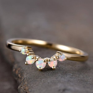 Anillo de oro de 14k con ópalo natural / Piedra natal de octubre, conjunto de anillos de boda