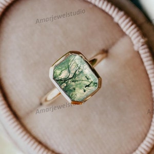 Anillo de ágata musgosa esmeralda: Anillo de boda de oro de 14 quilates y plata de ley