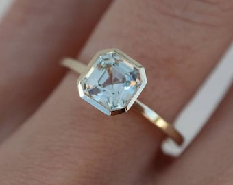 Vintage Asscher Cut Aquamarine Ring, Aquamarine Engagement Ring, Aquamarine Solitaire Ring, Unique Bezel Set Ring, March Birthstone Ring.