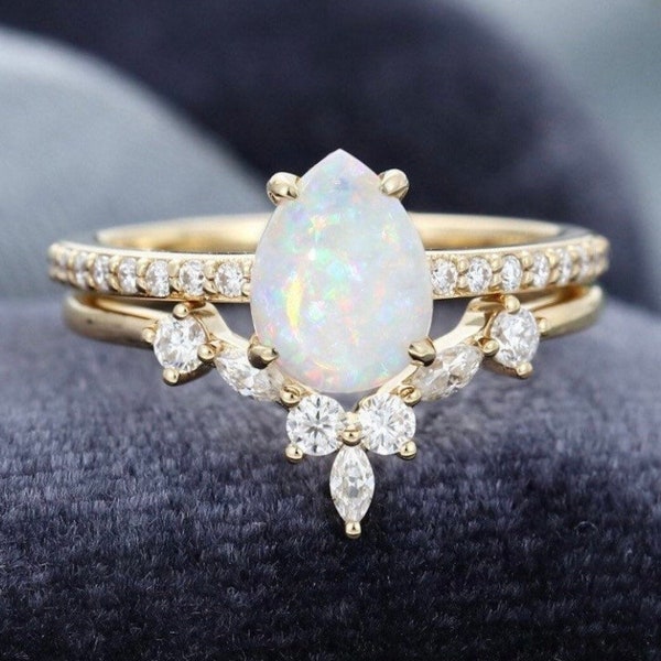 Opal Engagement Ring Set Vintage Opal Wedding Ring Set Woman Celestial Engagement Ring Bridal Set Unique Opal Ring Rose Gold Moon Ring Gift