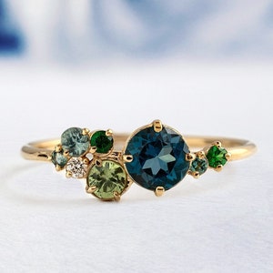 14k Solid Yellow Gold Teal Sapphire  Bridal Ring, Sapphire Cluster Ring, Multi Sapphire Engagement Ring, Sapphire Vintage Dainty Ring