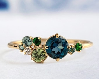 14k Solid Yellow Gold Teal Sapphire  Bridal Ring, Sapphire Cluster Ring, Multi Sapphire Engagement Ring, Sapphire Vintage Dainty Ring