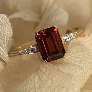 Red Garnet 14K Gold Ring: Vintage Emerald Cut Engagement Ring