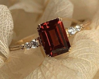 Red Garnet 14K Gold Ring: Vintage Emerald Cut Engagement Ring